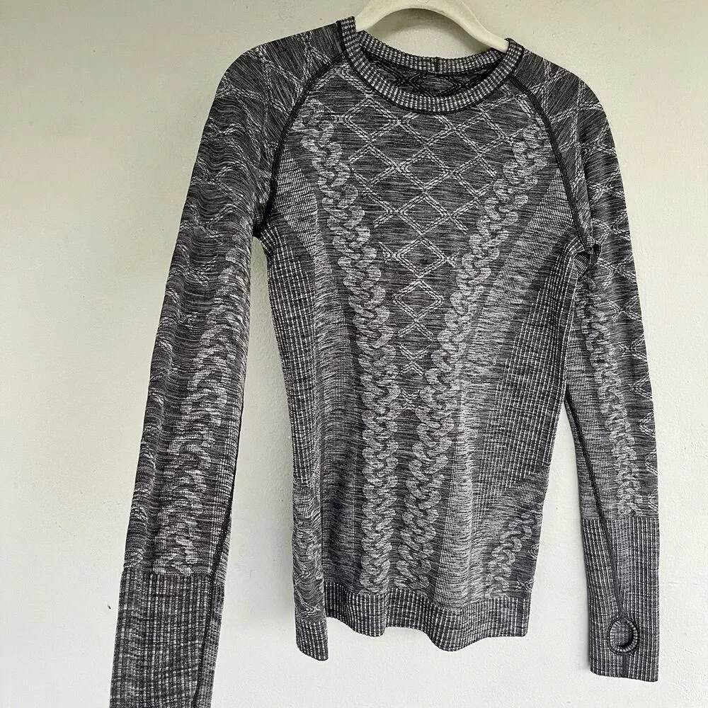 Lululemon Rest Less Pullover Size 2 Heather Black Ribbed Mid Layer Thumhole Grey